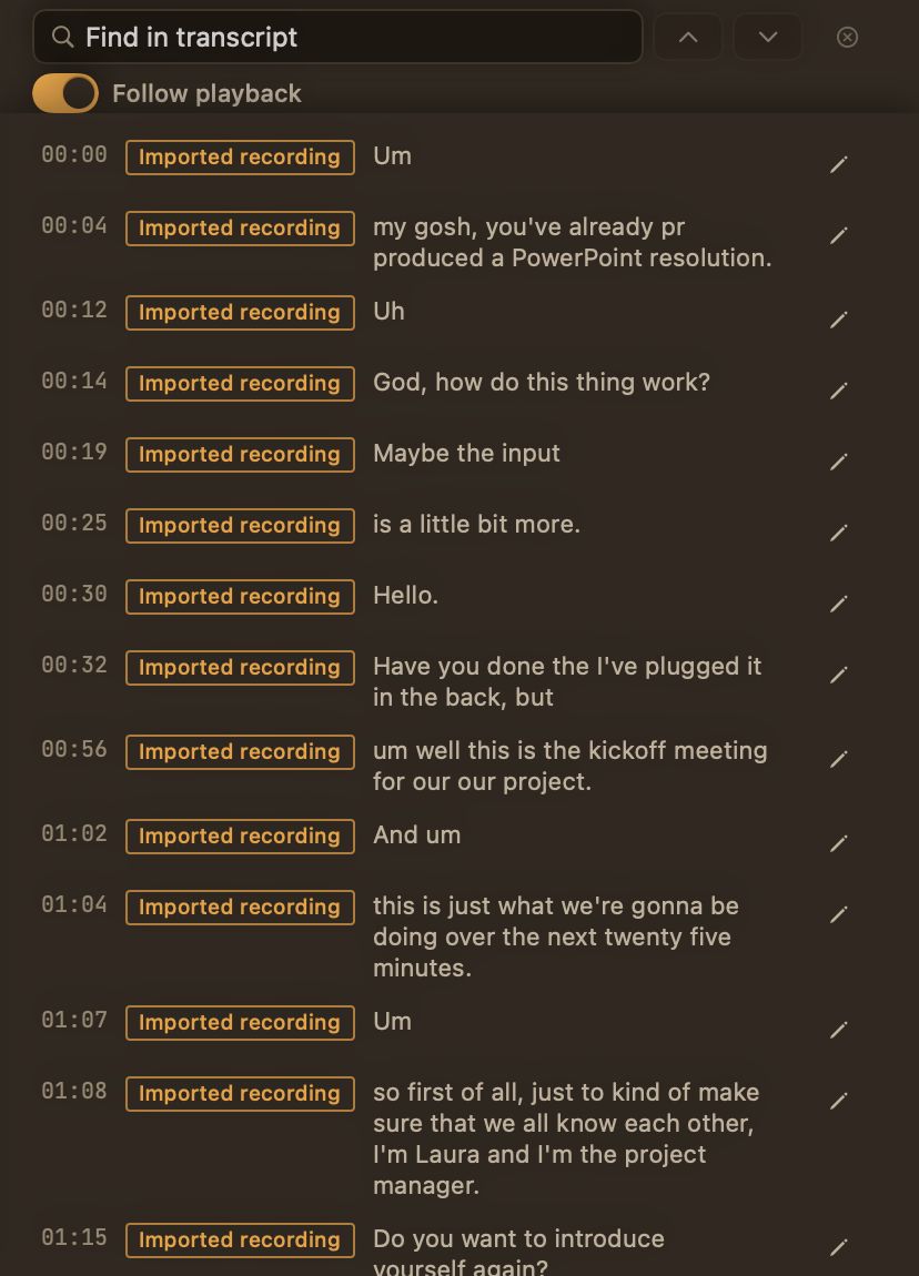 The Oatmeal transcript with find, follow playback, timestamps and an edit button on every line